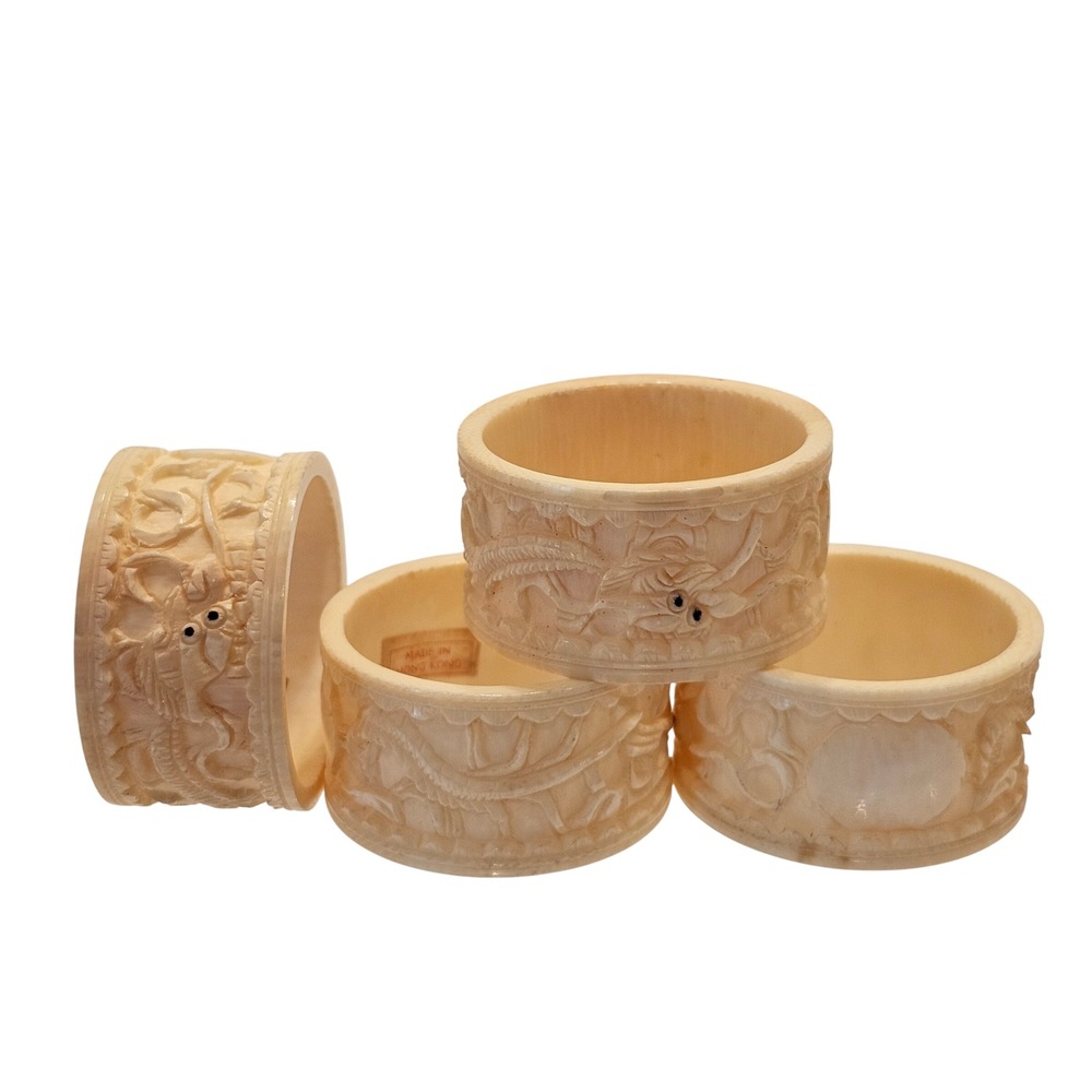 Vintage Hand Carved Dragon Bone Napkin Rings Set of 4 Hong Kong Cream Ivory